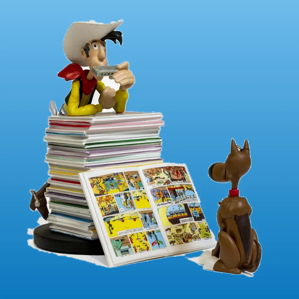 Collectoys Lucky Luke und Rantanplan, Bücherstapel aus Harz
