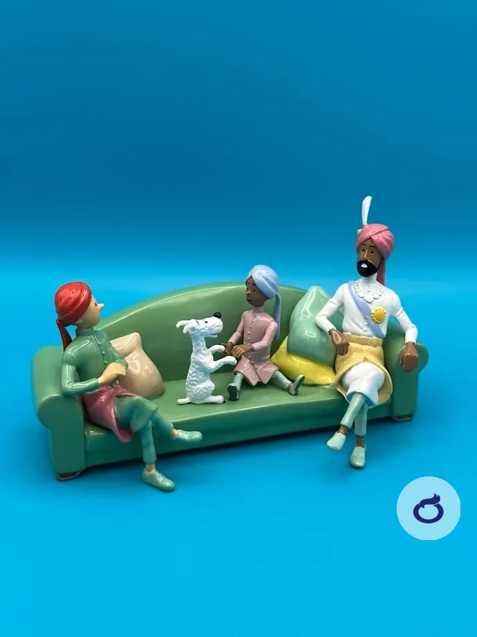 Sofaszene mit Tim, Struppi, dem Prinzen und dem Maharadscha, aus Blei